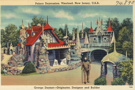 An illustration (1930-1945, exact date unknown) of the original Palace of Depression and its creator, George Daynor. 