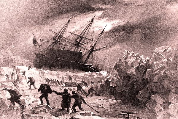HMS Terror, depicted here in an anonymous drawing, and HMS Erebus were locked in ice for over a year. All hands were lost. 