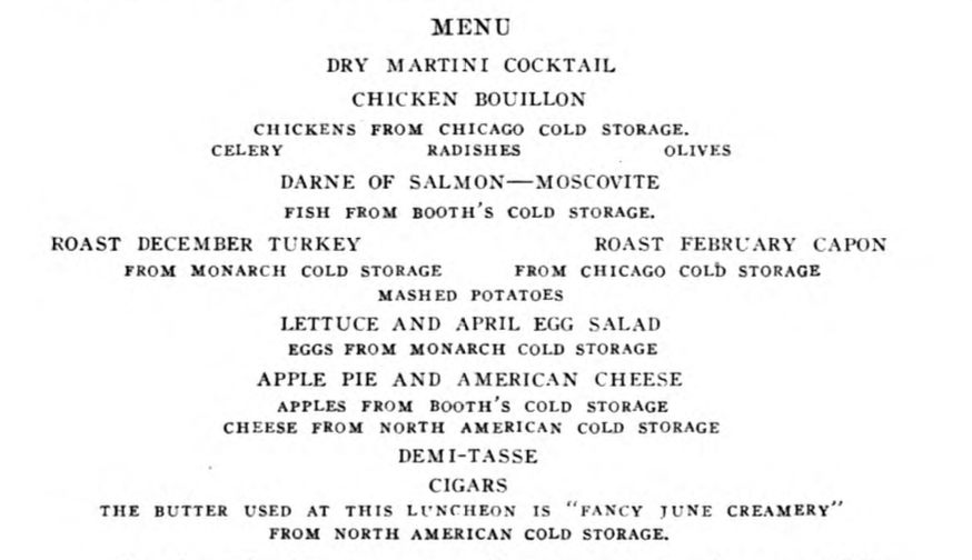 The menu at the banquet included which cold-storage facility housed each course.