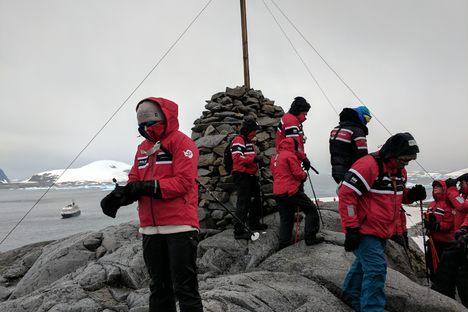 The Cairn at Port Charcot, surrounded by tourists