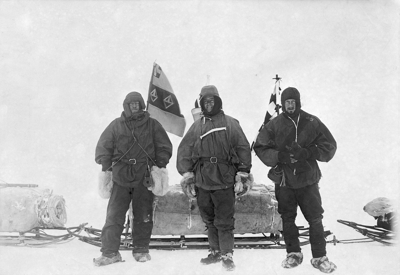 Ernest Shackleton, Captain Robert Falcon Scott, and Edward Wilson (right to left) as they were preparing to explore the Ross Ice Shelf as part of the British National Antarctic Expedition in November 1902. 