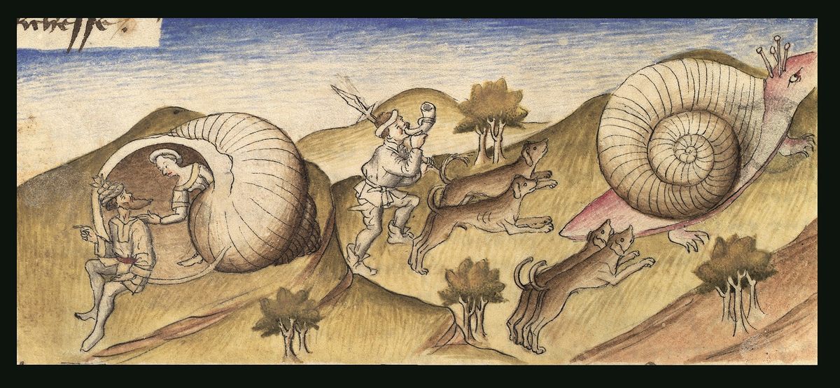 <em>The Giant Snails of the Island of Calonak</em>, Folio 4v, <em>Les Secrets de l’Histoire Naturelle</em>, c. 1428.