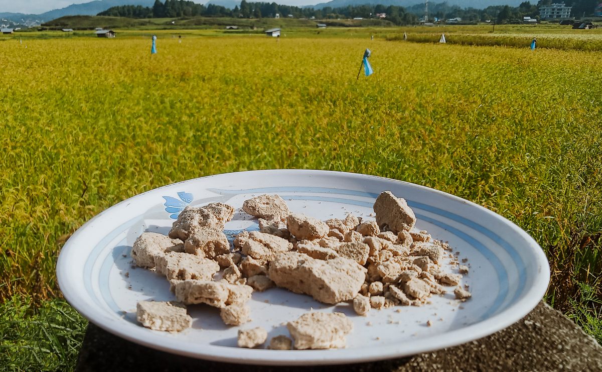 A plate of crumbled tapyo.
