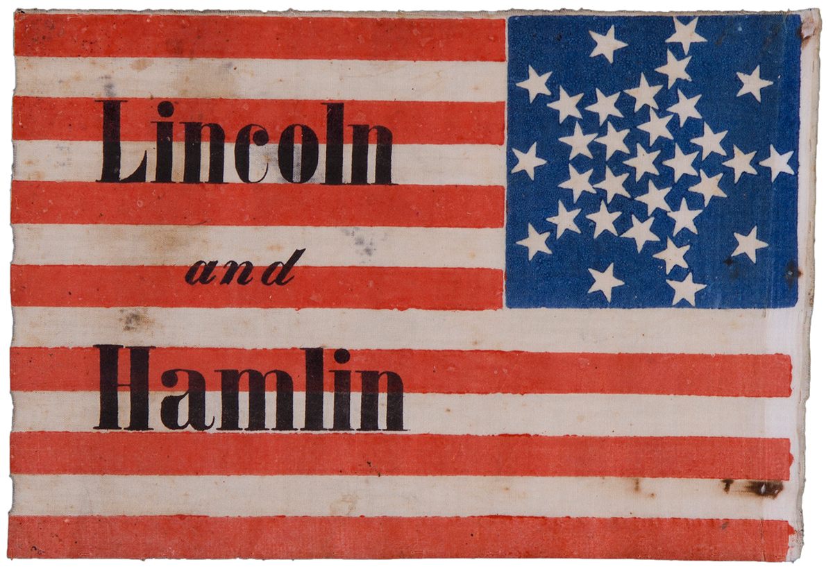 Abraham Lincoln campaign flag, 1860. "Until the design of the American flag was standardized in 1912, flagmakers enjoyed creating their own arrangements. This flag has an unusual “Great Star” pattern, a star formed from individual stars."