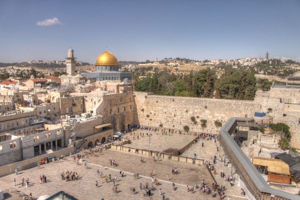 The Western Wall and Dome of the Rock in the old city of Jerusalem. The remnants of a Roman theater have been found beneath the Wall. 