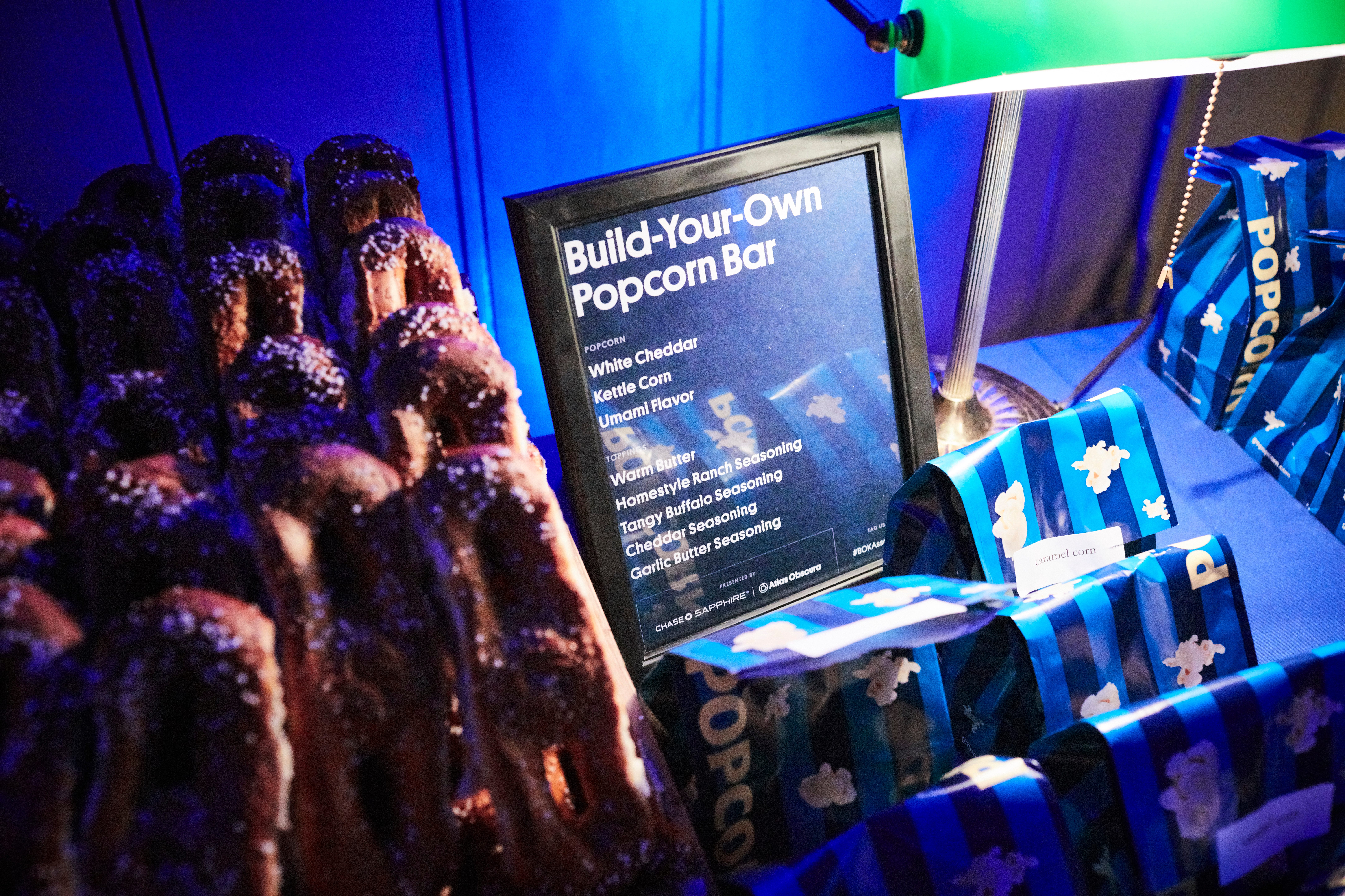 Philadelphia pretzels and fresh popcorn were playfully presented.