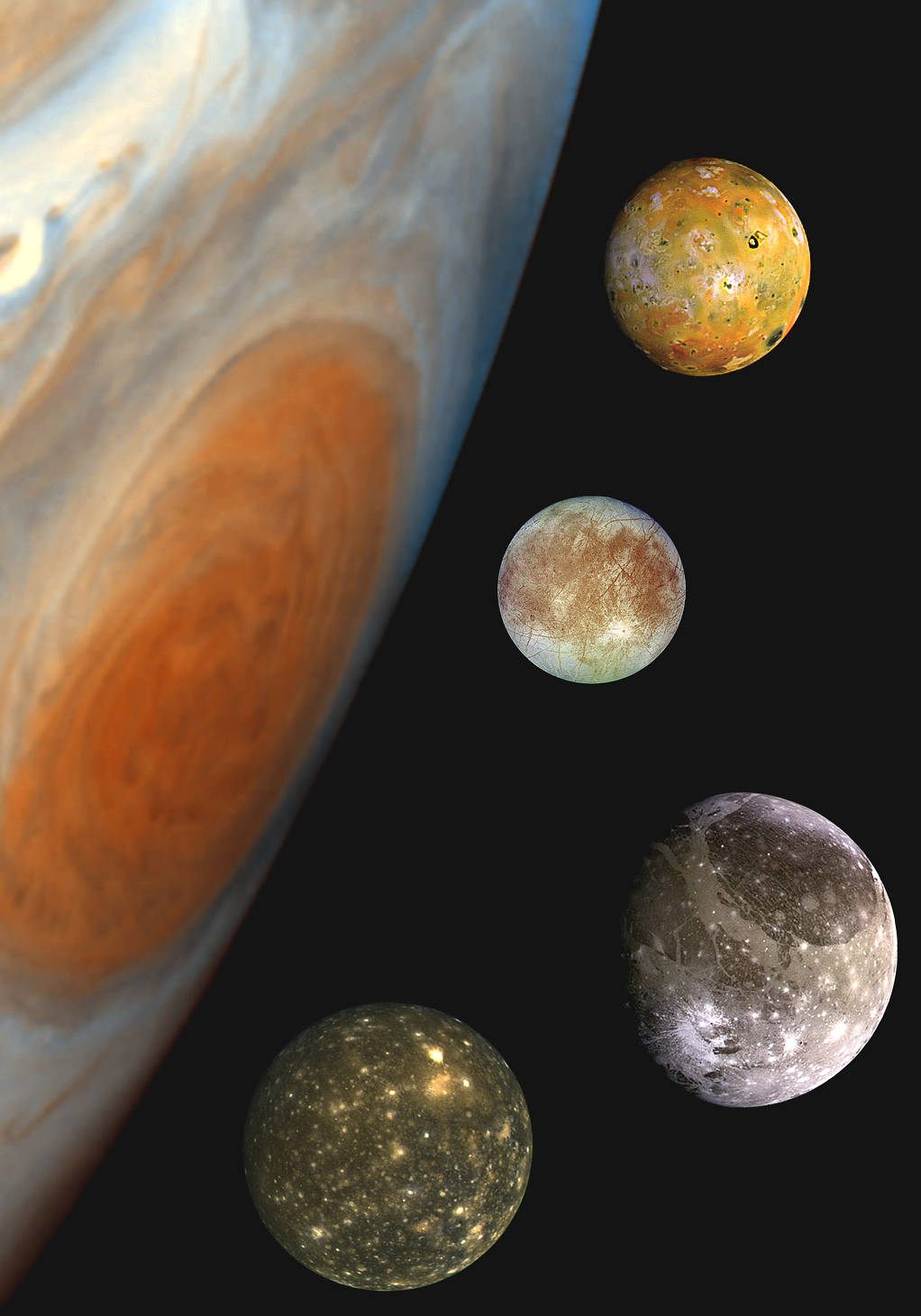This montage of the Jovian system—Jupiter and its moons, Io, Europa, Ganymede, and Callisto—was pieced together from images collected by NASA's Galileo and Voyager spacecrafts.