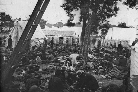The field hospital after the Battle of Savage Station. Lack of doctors and resources meant that medical conditions were often unhygienic. 