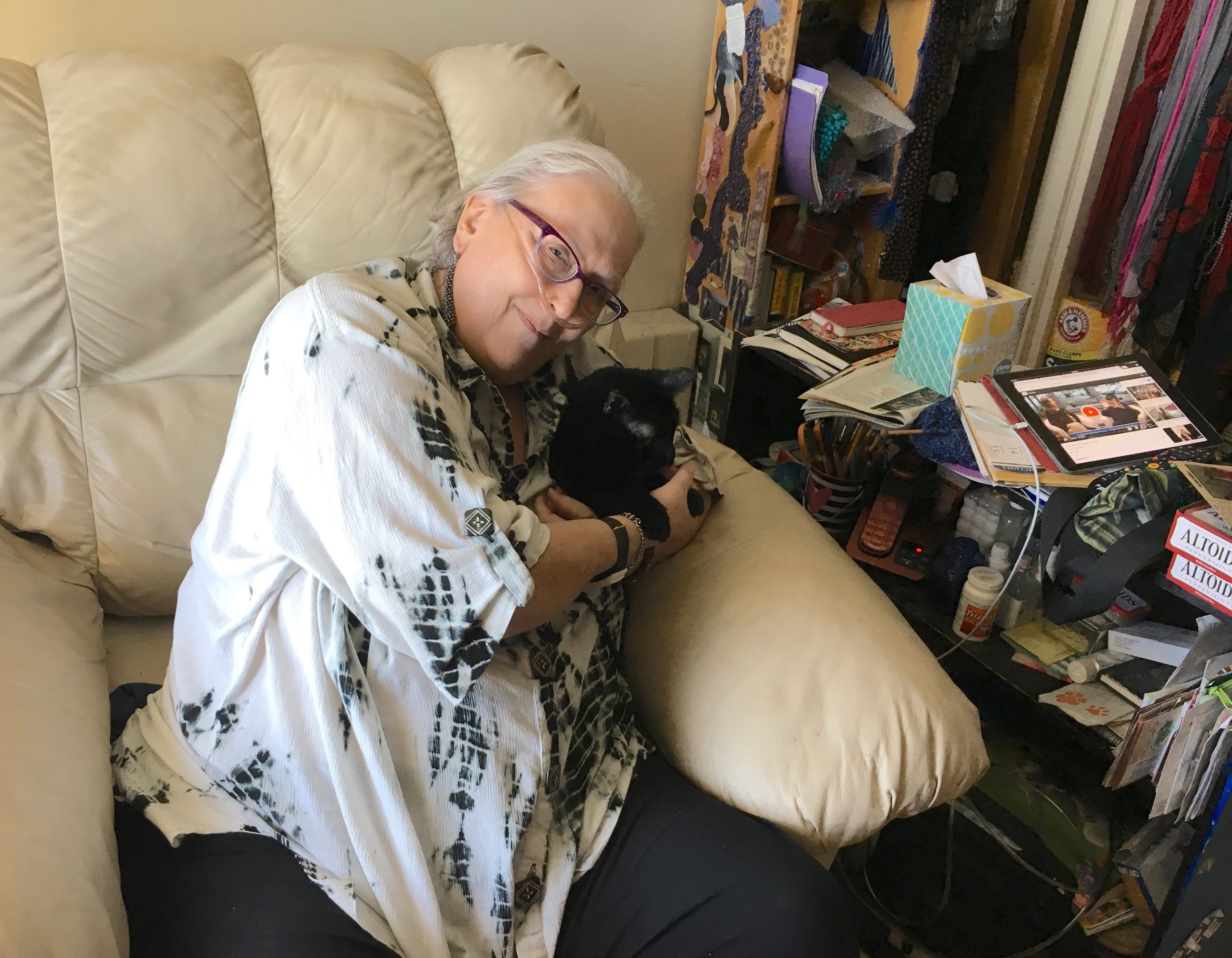 Carol Page in 2017, with her cat Molly.