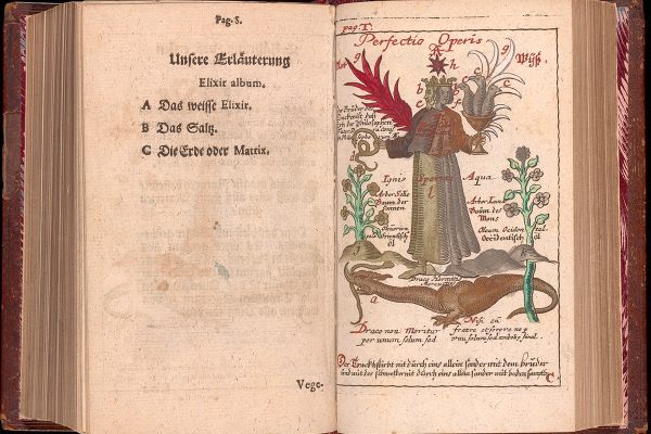 <em>The Perfection of the Work</em>, a hand-colored engraving with gilding in Johann Michael Faust's <em>Compendium alchymist[ae] novum sive Pandora</em>, 1706.