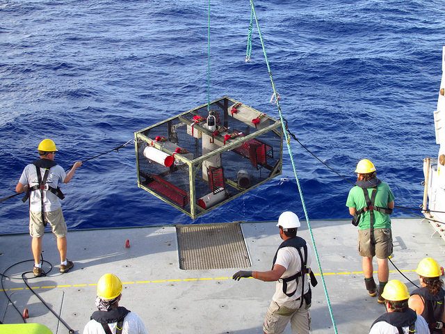 Researchers pull up a trap fresh from the Mariana Trench.