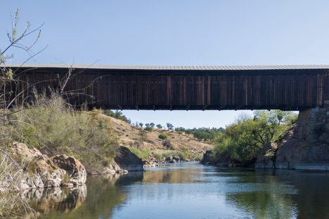 Upstream view of Knights Ferry Covered Bridge.