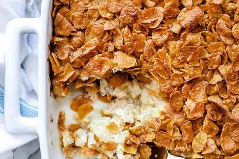 A tray of corn flake–topped casserole. 