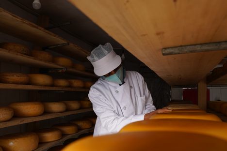 Cheese-maker Amna Khatana inside the factory in Langanbal.