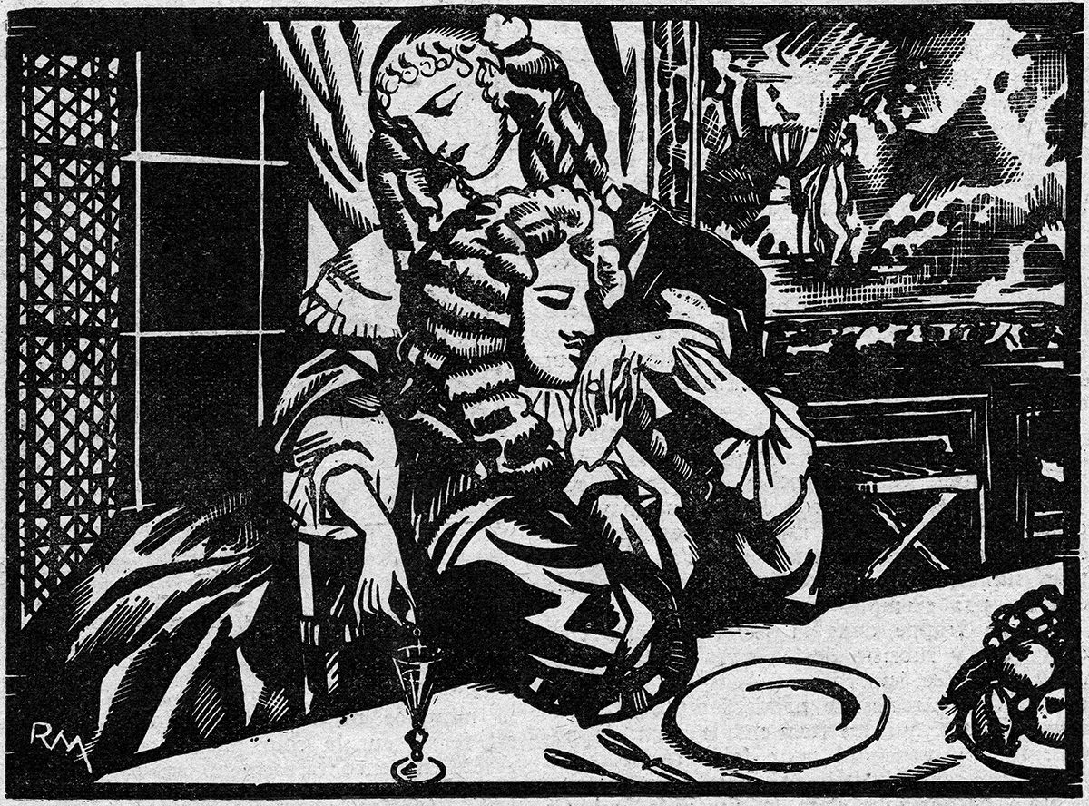 French noblewoman Marie-Madeleine-Marguerite d'Aubray, marquise de Brinvilliers, pouring poison into the glass of one of her victims, seen here in an engraving reproduced in the French newspaper <em>Le Petit Journal Illustré</em> in 1931.