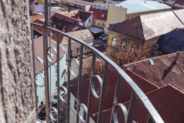 Views over Eger from the extremely narrow walkway around the tower