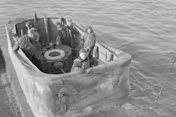 A floating Valentine tank, note the turret in the middle of the canvas