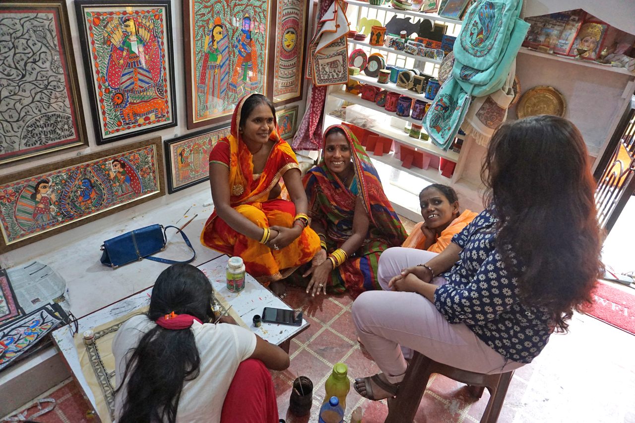 Artist Sunaina Thakur (far right) leads a painting workshop in Janakpur, Nepal. 