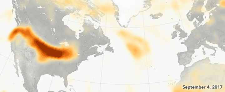 Smoke traveling across both the United States and the Atlantic Ocean to France.