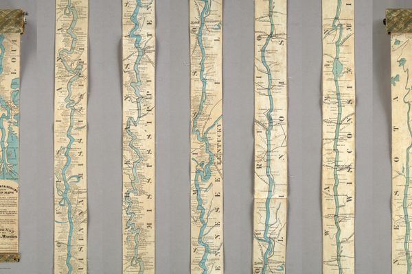 The Ribbon Map of the Father of Waters—pictured rolled up (left) and fully extended (right)—was meant to be wrapped around a spool and brought on steamboat trips.