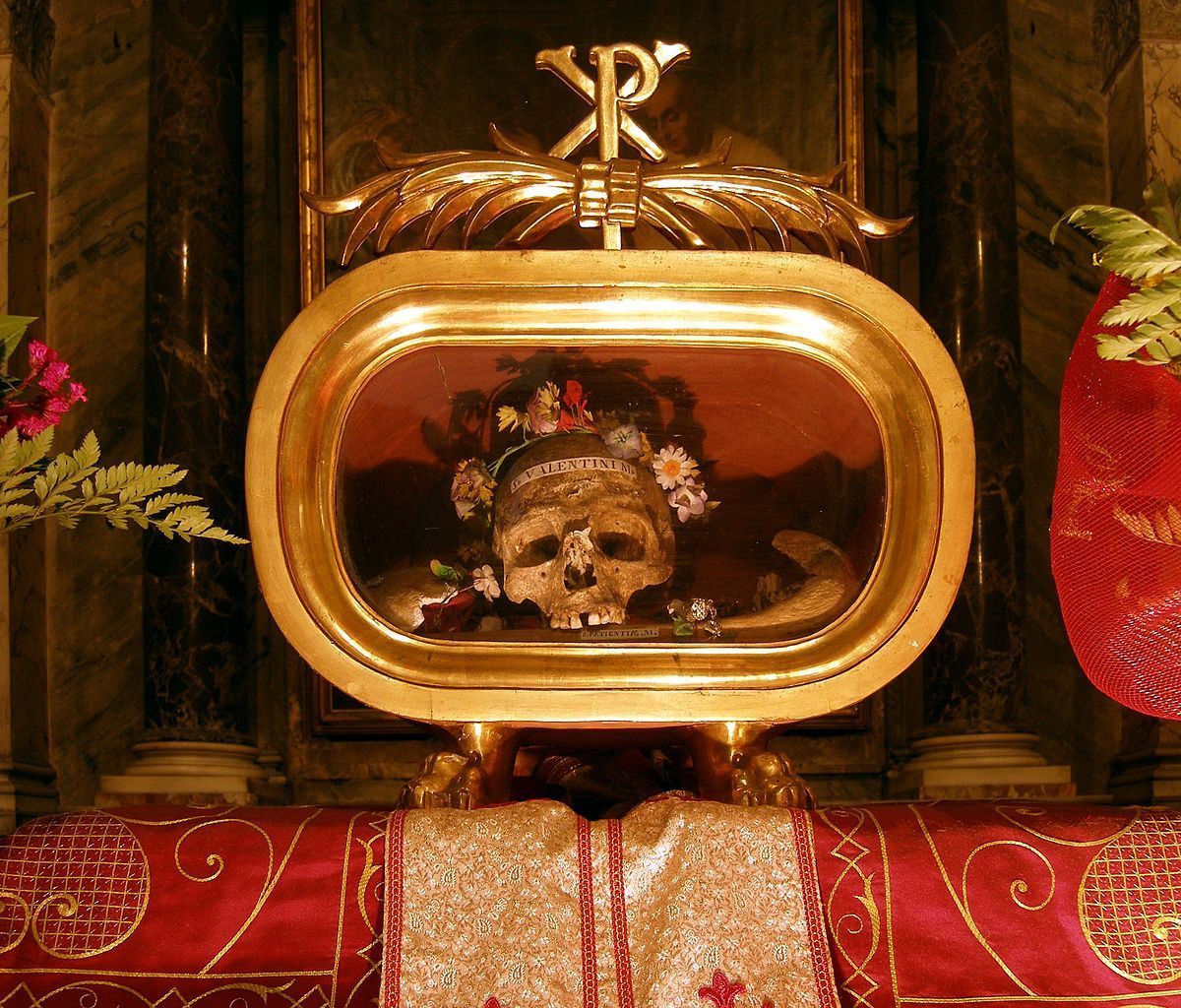 Churches from Poland to Missouri claim to possess some of Saint Valentine's remains. This, from the Basilica di Santa Maria in Rome, is supposed to be his skull.