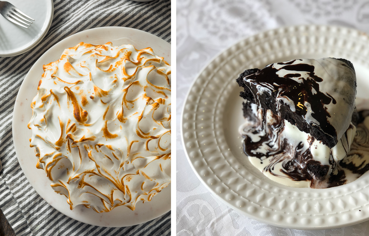 A homemade Baked Alaska (left) and a slice of Wildflour's Caked Alaska (right).