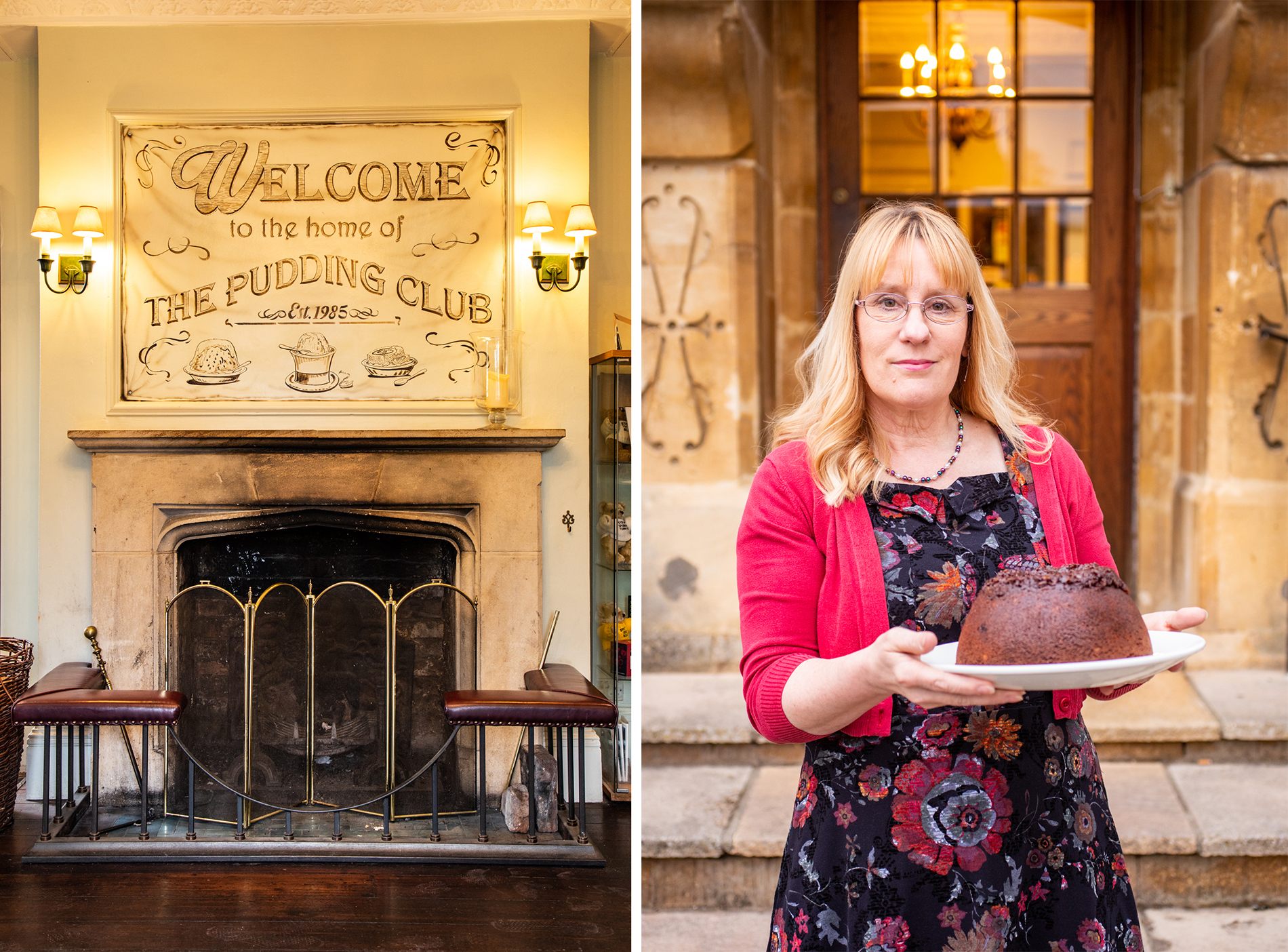 This banner in the lobby leaves no question as to what happens here every Friday (left). Sheila Vincent, the resident "Pudding Queen," holding a chocolate and orange sponge pudding (right).