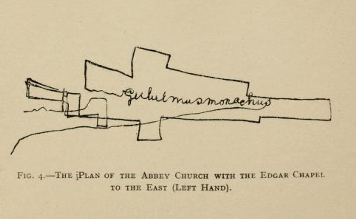 Plan of Glastonbury showing the location of the lost Edgar Chapel, produced by John Allen Bartlett through automatic writing. It was included in the 1918 book, <em>The Gate of Remembrance</em>.