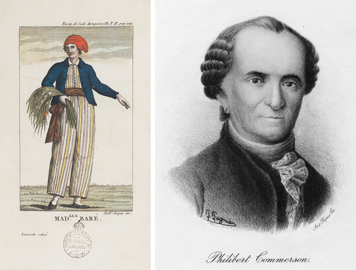 Jeanne Baret (left) dressed as a man to begin a long sea voyage, with the help of her partner, naturalist Philibert Commerson (right).