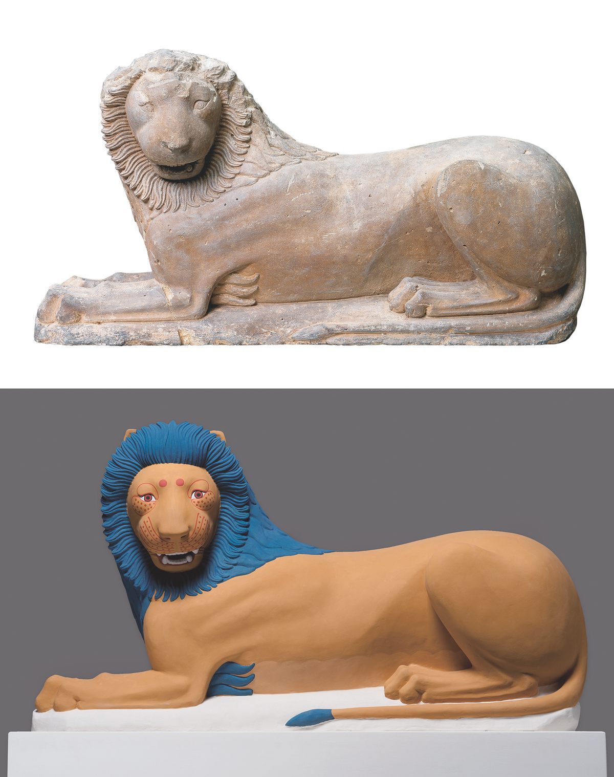 Above, the original lion from Loutraki, Greece, c. 550 BC and below, the reconstruction.
