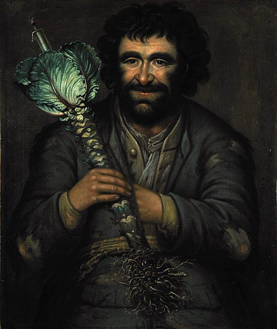 This work by painter Richard Waitt depicts a Scottish jester or fool holding a kale lantern (note the candle at the top)—a practice that was part of 1800s Halloween parades.