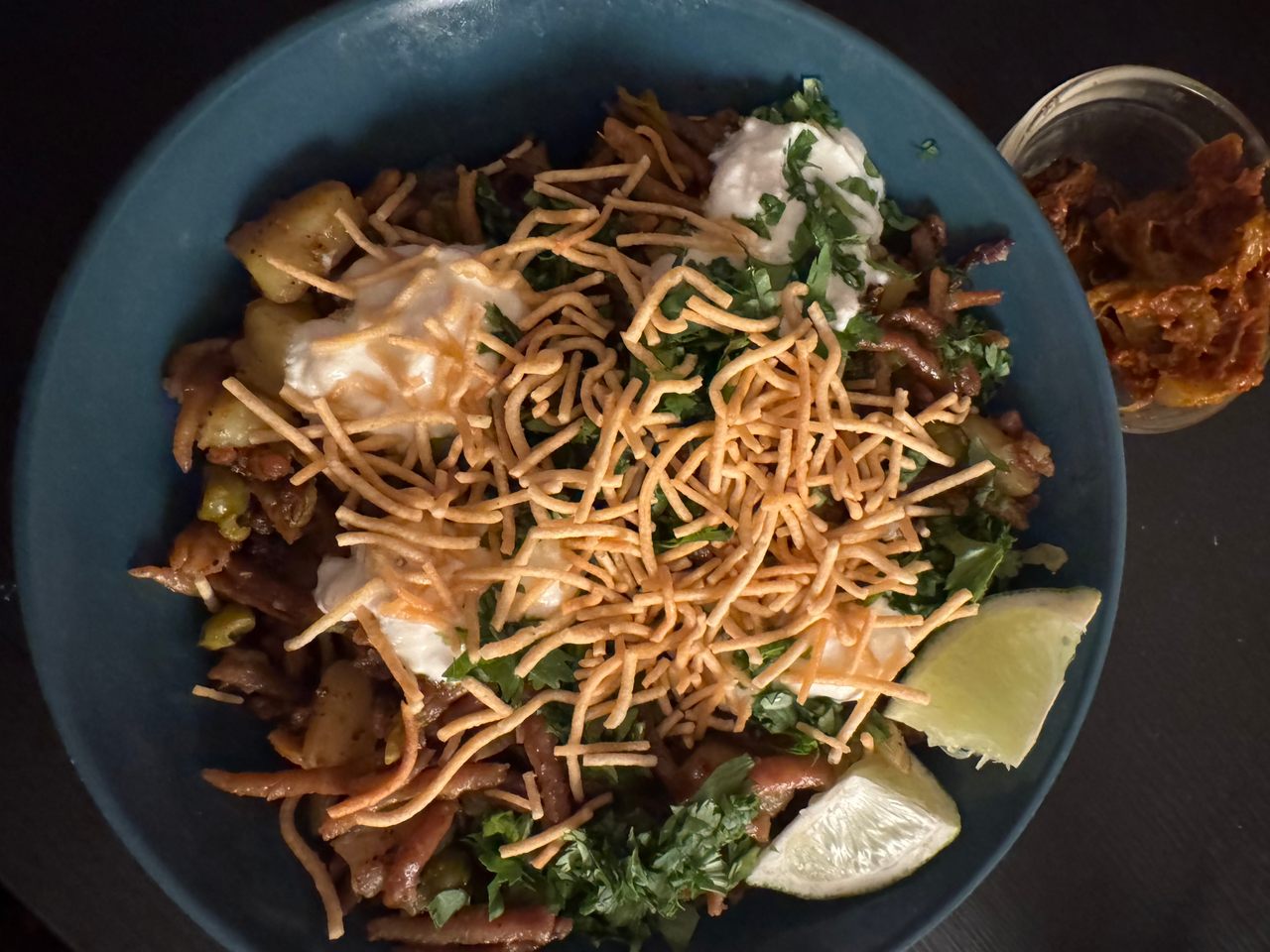 My homemade <em>namkeen jave</em> from North India, loaded with toppings.