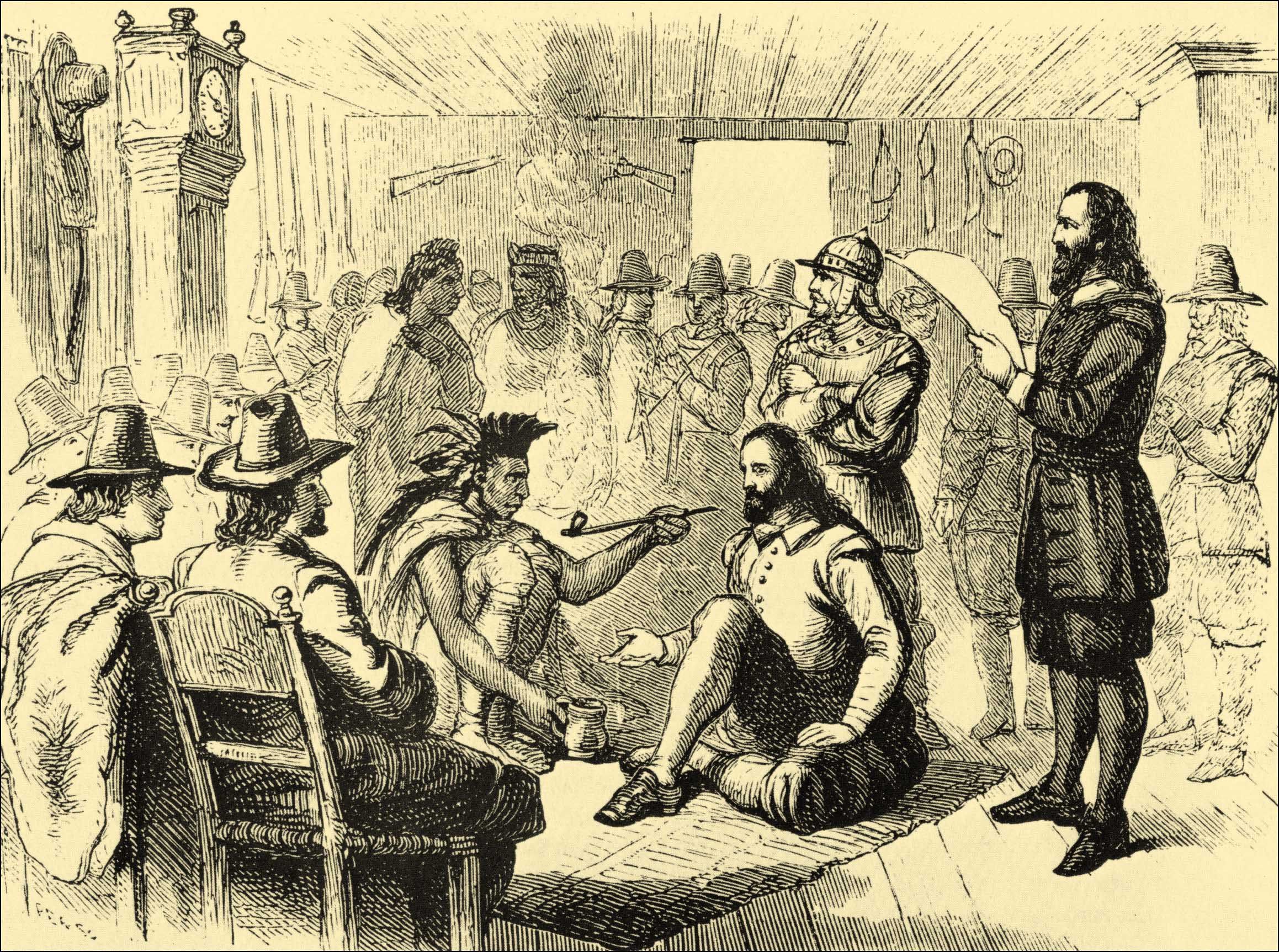 Massasoit, the leader of the Wampanoag, smokes a pipe with Plymouth Colony governor John Carver.
