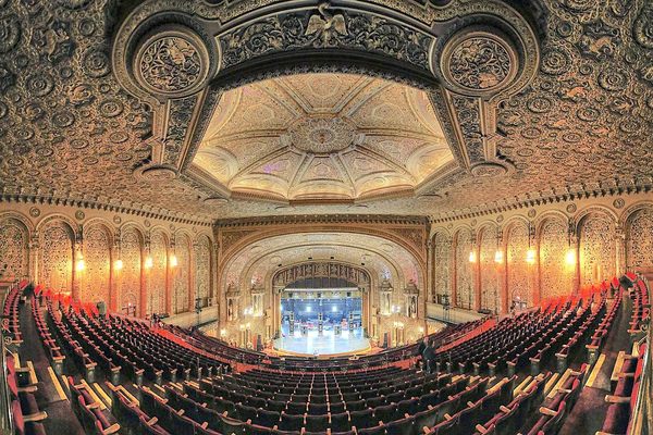 A panoramic view of the stage from the back of the balcony.