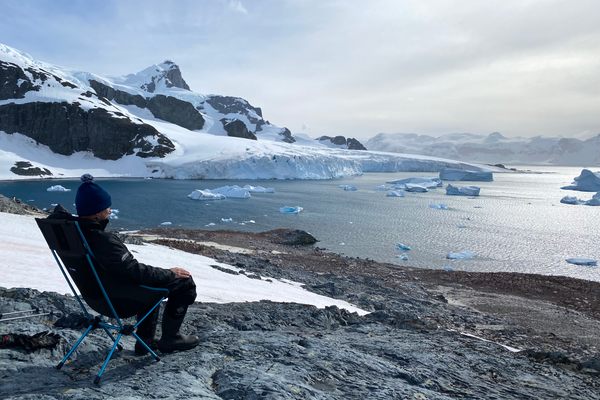 Robert "Robby" Silk—the first and, for now, only competitive chair-sitter—tests his stamina on Antarctica's Cuverville Island.
