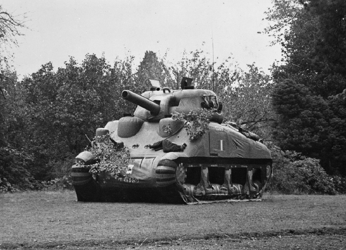 An inflatable Sherman tank, one of many dummy vehicles made to deceive the enemy.