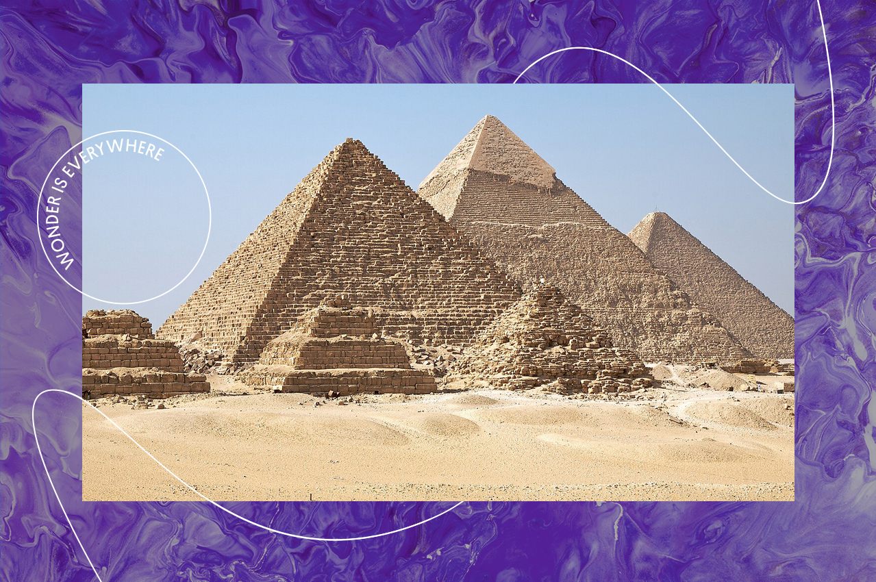 The three main pyramids at Giza, Egypt, together with subsidiary pyramids and the remains of other structures at the Giza pyramid complex.