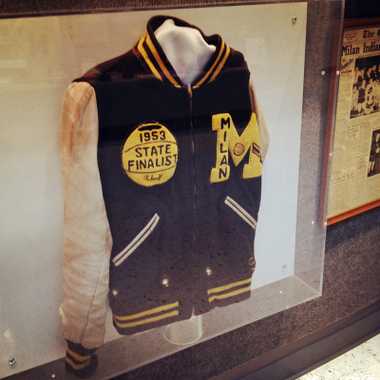 Letterman jacket from the infamous Milan team, whose 1954 state championship inspired the film 'Hoosiers'.