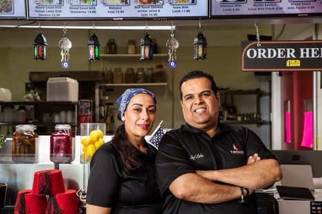 Aseel and Salam Bunyan, Iraqi refugees and Boise business owners, inside their Mediterranean restaurant, Tarbush Kitchen.