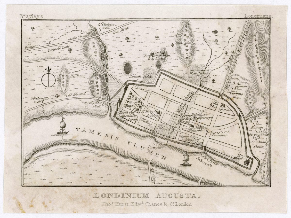 A map of Roman London (Londinium). It's not uncommon to find Roman artifacts alongside pieces from the Middle Ages and the Victorian era.