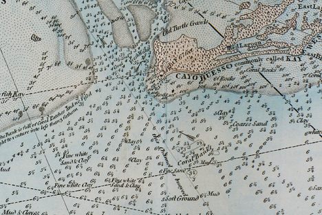 George Gauld's 1774 chart of the Keys (left), and a modern-day coral habitat map (right).