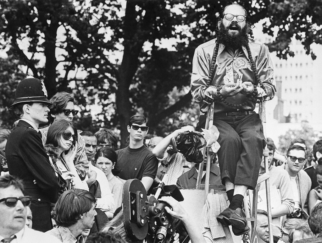 Allen Ginsberg chants in London. Although his reading displays many of the technical attributes of "Poet Voice," it generally doesn't come across that way to listeners.