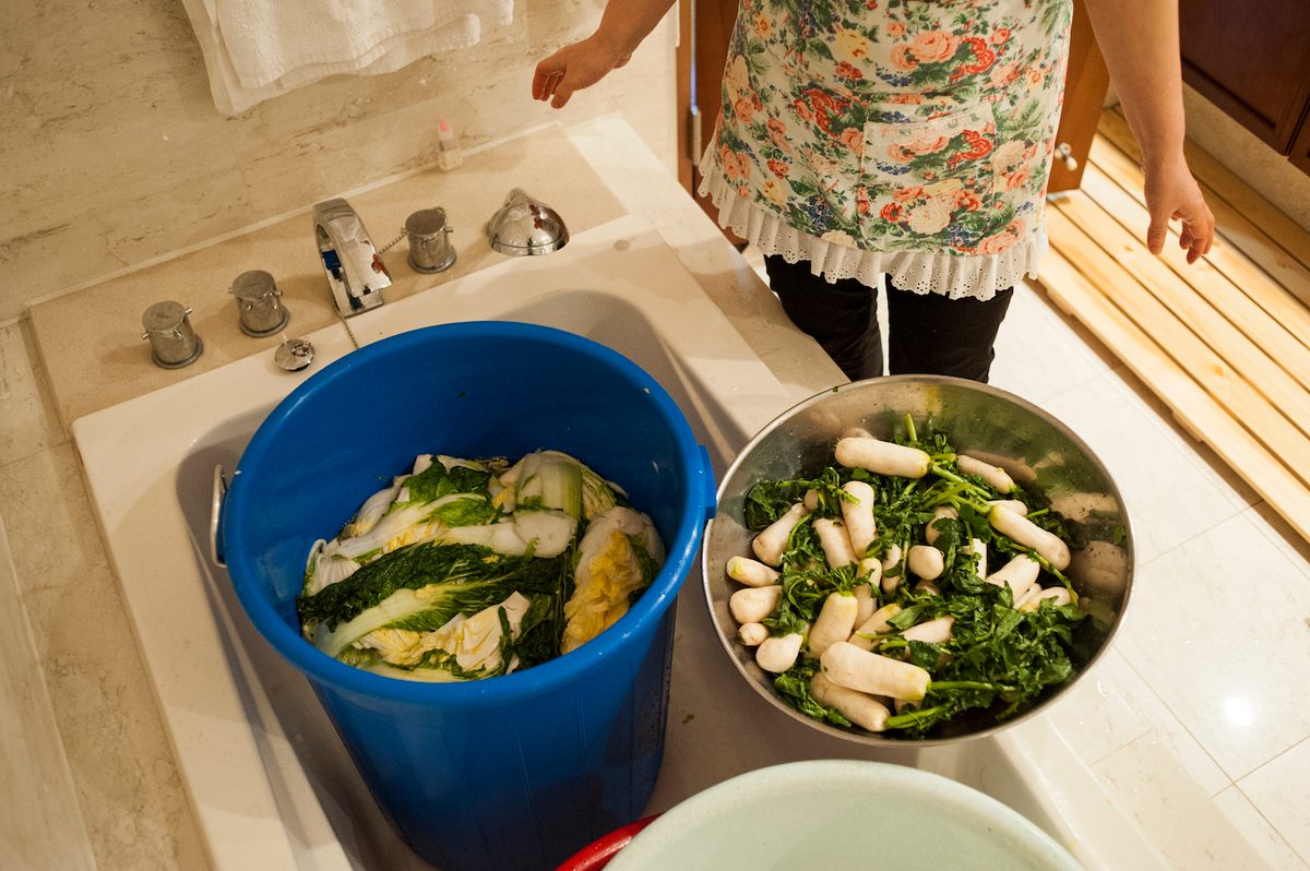 Lee has salted the vegetables, and they will sit overnight.