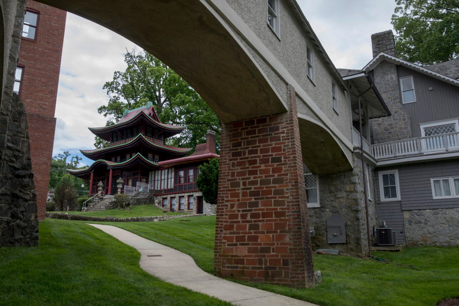 The Japanese pagoda and Swiss chalet were dormitories for the original school for young women.