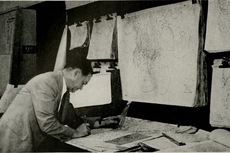 Working on data for a weather chart, c. 1922. 