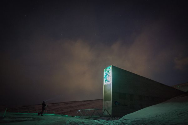 The Global Seed Vault in Svalbard, Norway, photographed at dusk.