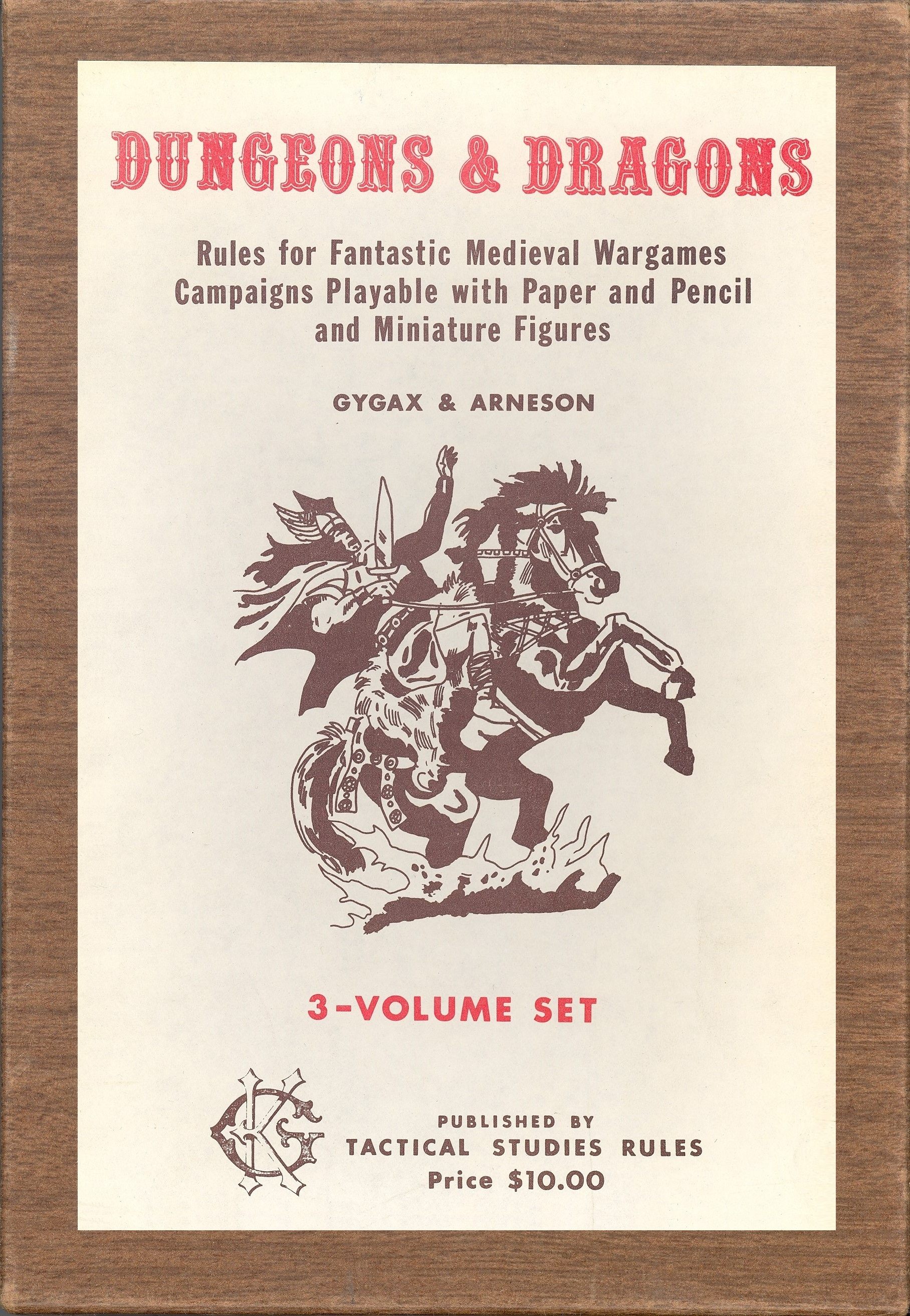 Gary Gygax reportedly assembled the first editions of Dungeons & Dragons by hand in his kitchen. The game's box (shown here) showed a knight rearing up on a horse. 