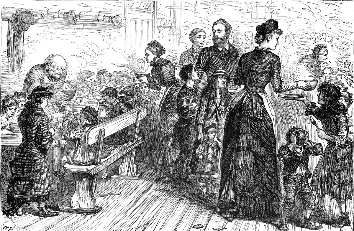 Engraving of the soup kitchen at the Conder Street mission hall in 1881.