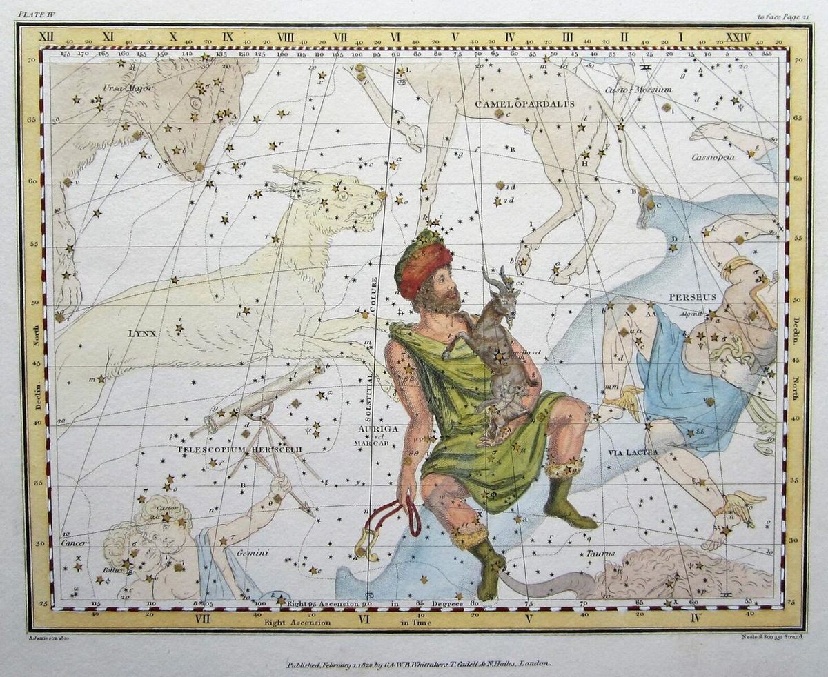 <em>Auriga</em>, often depicted shepherding goats, was first recorded by Ptolemy in the 2nd century.
