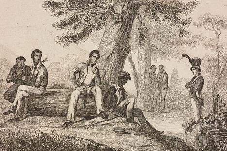 A group of convicts "bush'd" in Tasmania.
